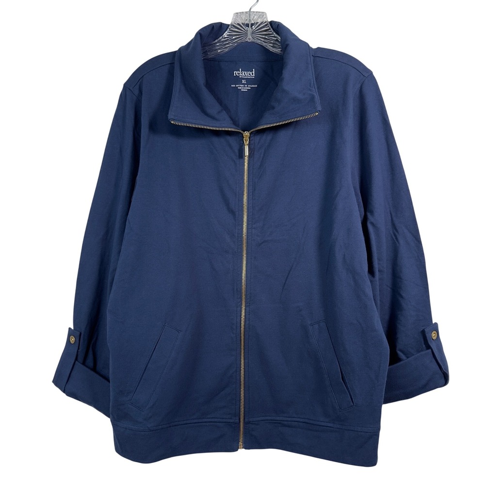 Charter Club Relaxed Navy Blue Jacket XL Cotton Spandex Mock‎ Neck Pockets